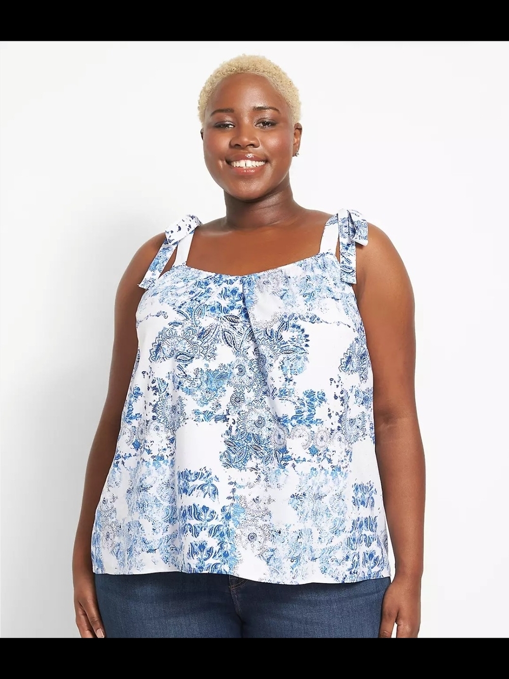 Lane Bryant Tank Top Cotton Blend Tie Straps Flowy Blue White Floral Sz 22